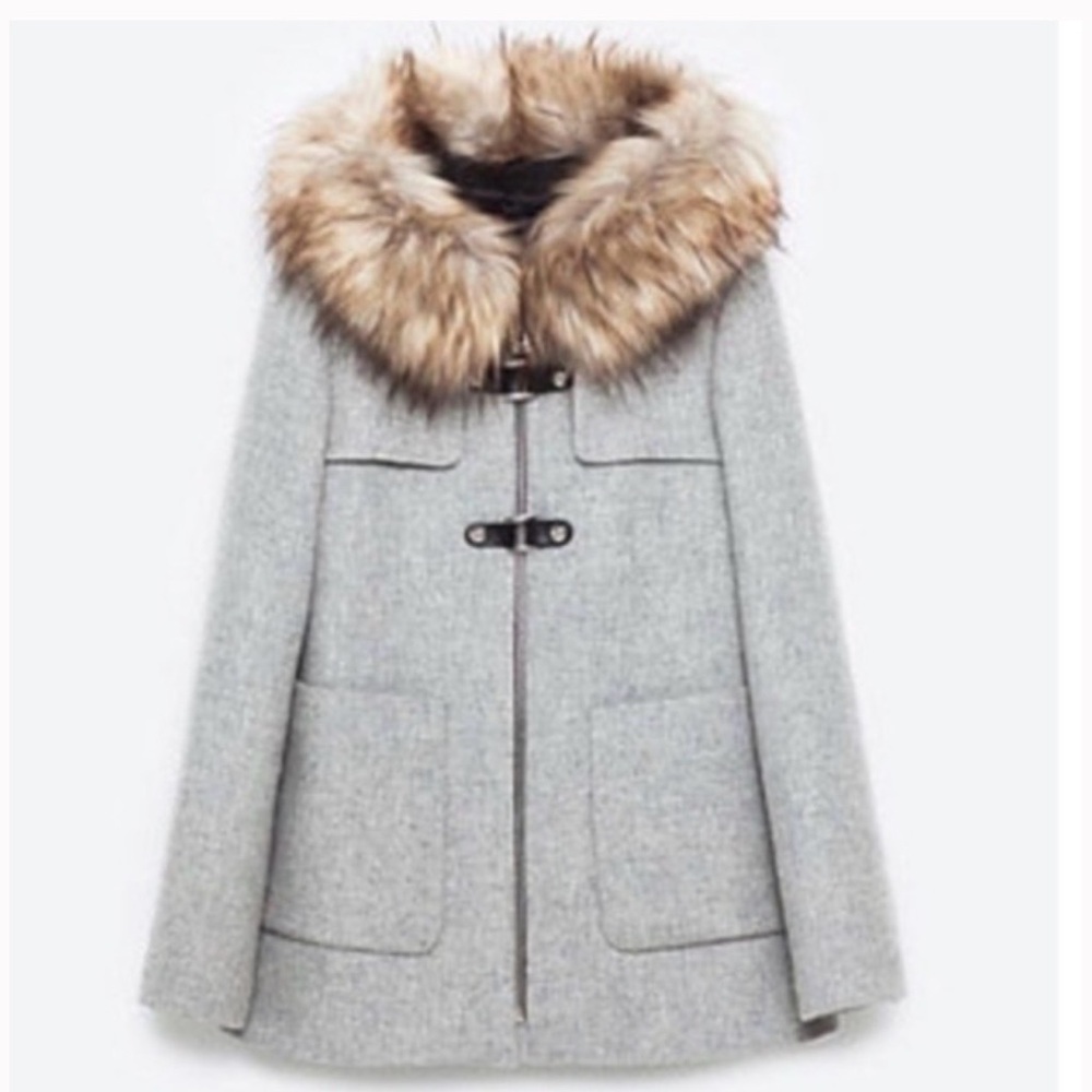 ZARA Woman A-line Wool Coat with Fur Hood-size S